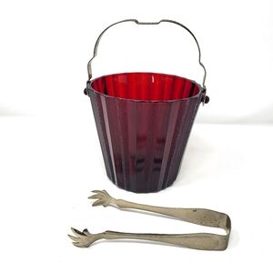 Vintage Heller Co. Brooklyn NY Ruby Red Ice Bucket‎  Silver Handle Tongs